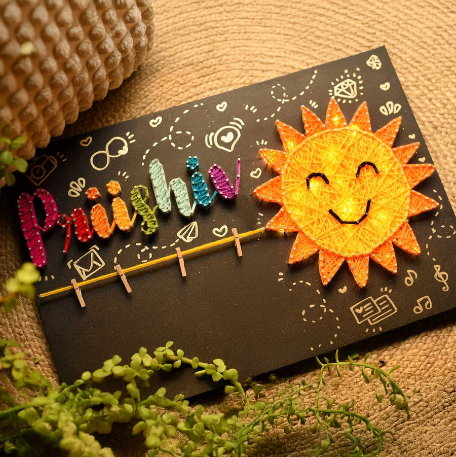 Personalized String Art Lighting Sun Mdf Wood Name Plate - Front View Showing Colorful String Art