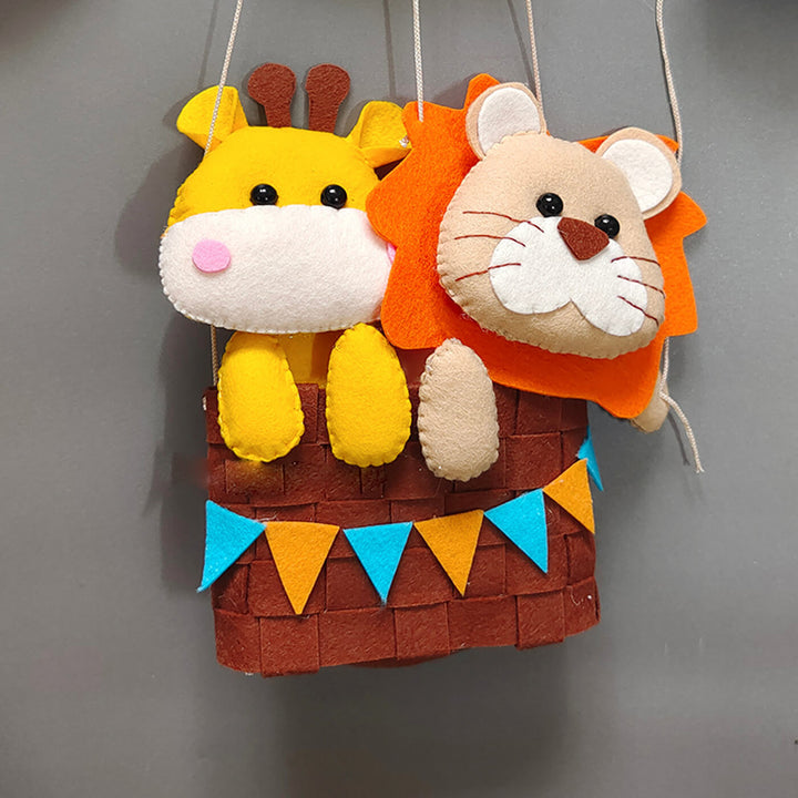Hand Stitched Hot Air Balloon Felt Name Plate 3 - Front View Hanging Against Wall