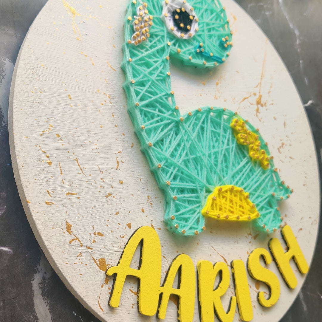 Personalized Animal Theme Kids String Art Name Plate - Angled Close-up with Name Display