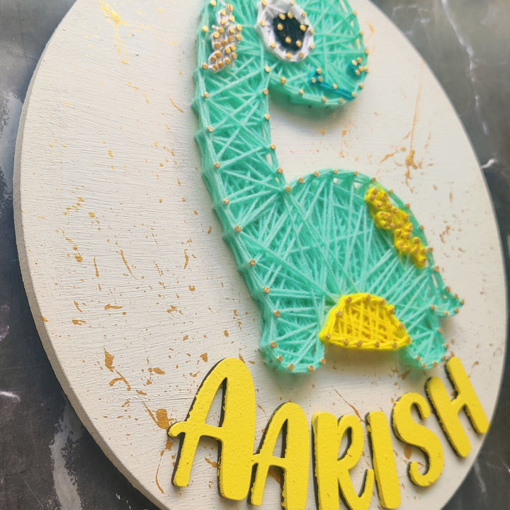 Personalized Animal Theme Kids String Art Name Plate - Angled Close-up with Name Display