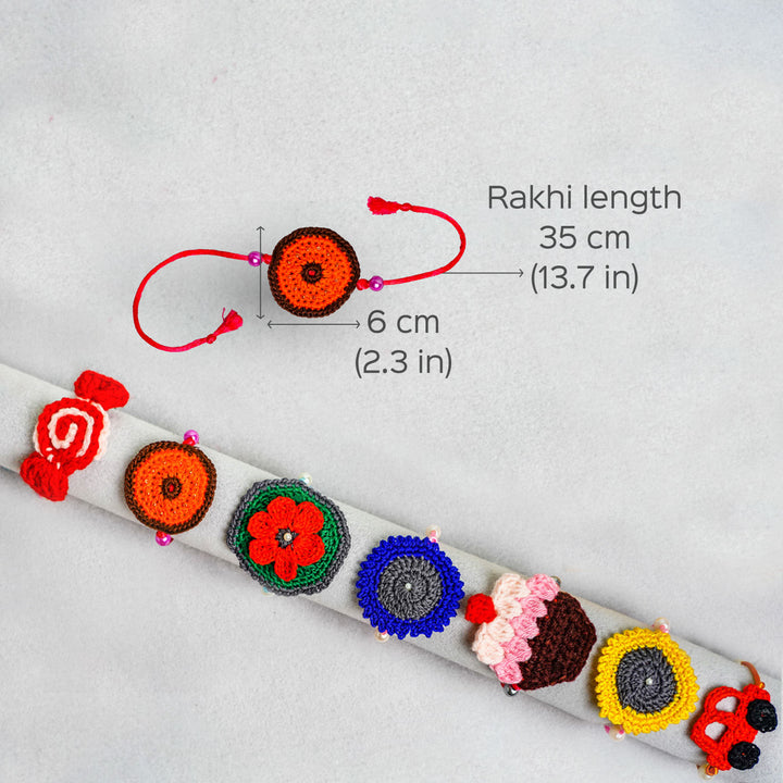 Quirky Handcrafted Crochet Rakhi With Roli Chawal For Kids 2 - Dimension Chart with Multiple Designs