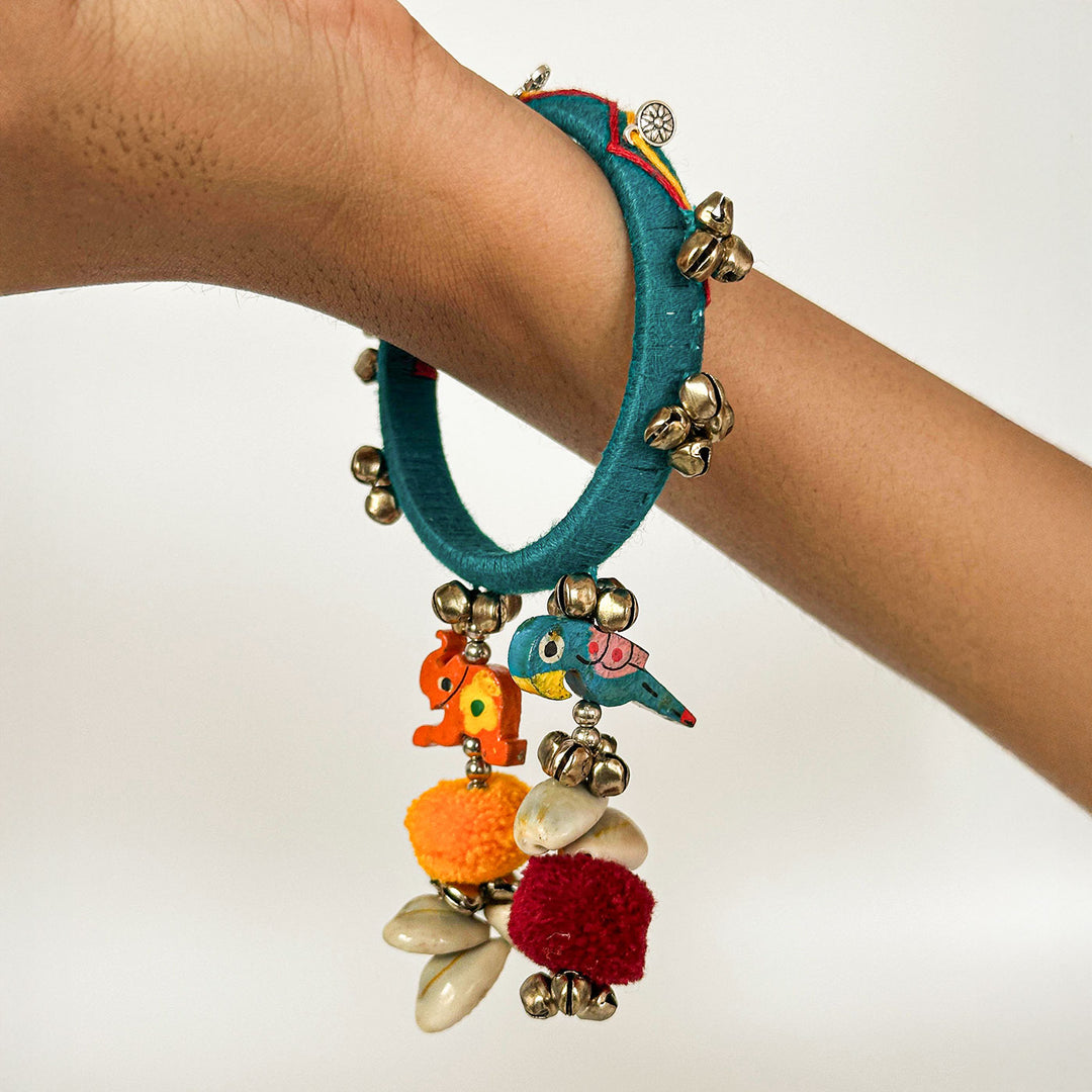 Handmade Beaded Ghungroo And Pom Pom Charm Cotton Bangle Lumba With Roli Chawal For Bhabhi - Worn on Wrist