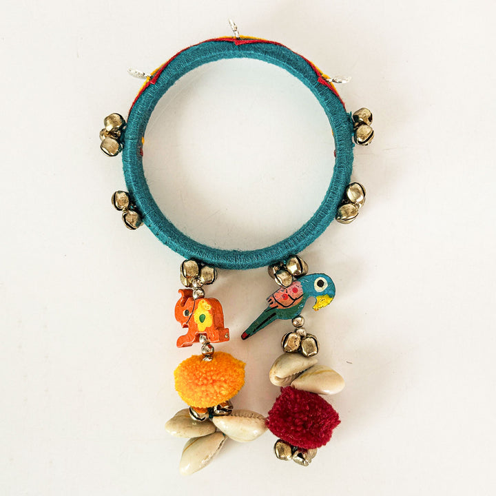 Handmade Beaded Ghungroo And Pom Pom Charm Cotton Bangle Lumba With Roli Chawal For Bhabhi - Front View