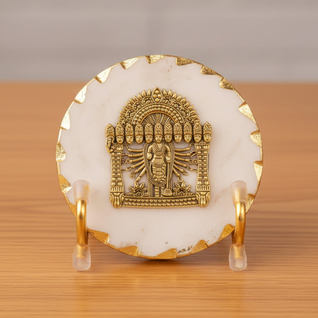 White Marble Gold Leafing Narayan Showpiece With Metal Stand