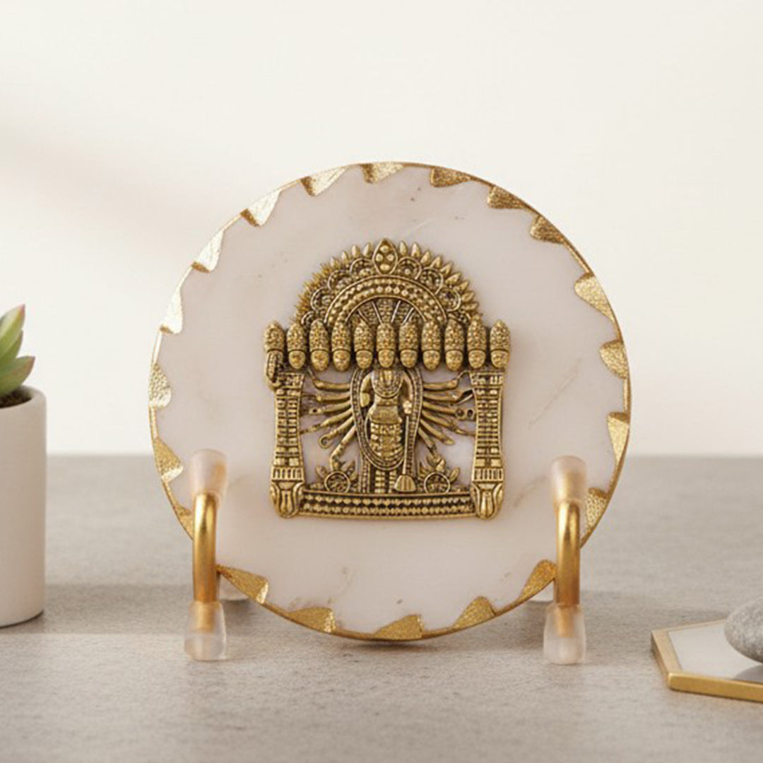 White Marble Gold Leafing Narayan Showpiece With Metal Stand