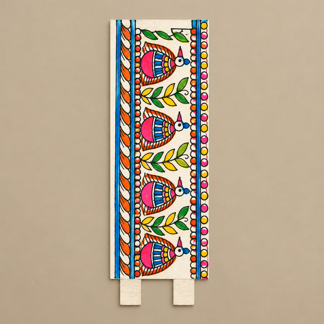 Hand-Painted Madhubani-Inspired Peacock Parchment Leather Votive Tealight Holder With Channapatna Base