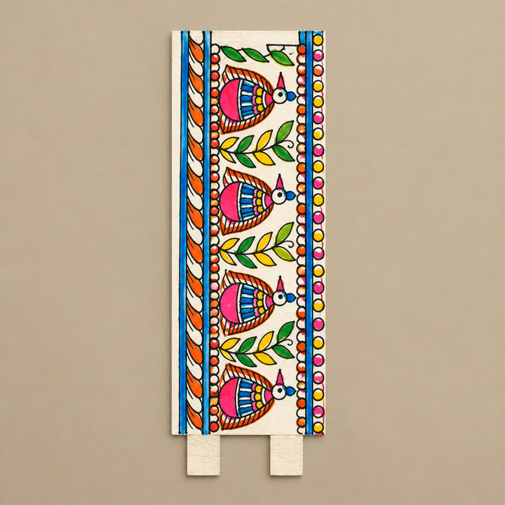 Hand-Painted Madhubani-Inspired Peacock Parchment Leather Votive Tealight Holder With Channapatna Base