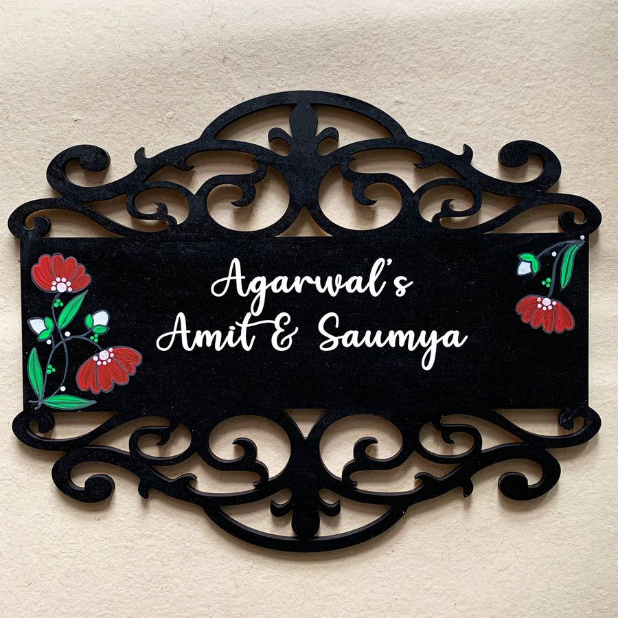 Rectangle Hand Painted Madhubani Art Name Plate 8 - Front View with Name Personalization
