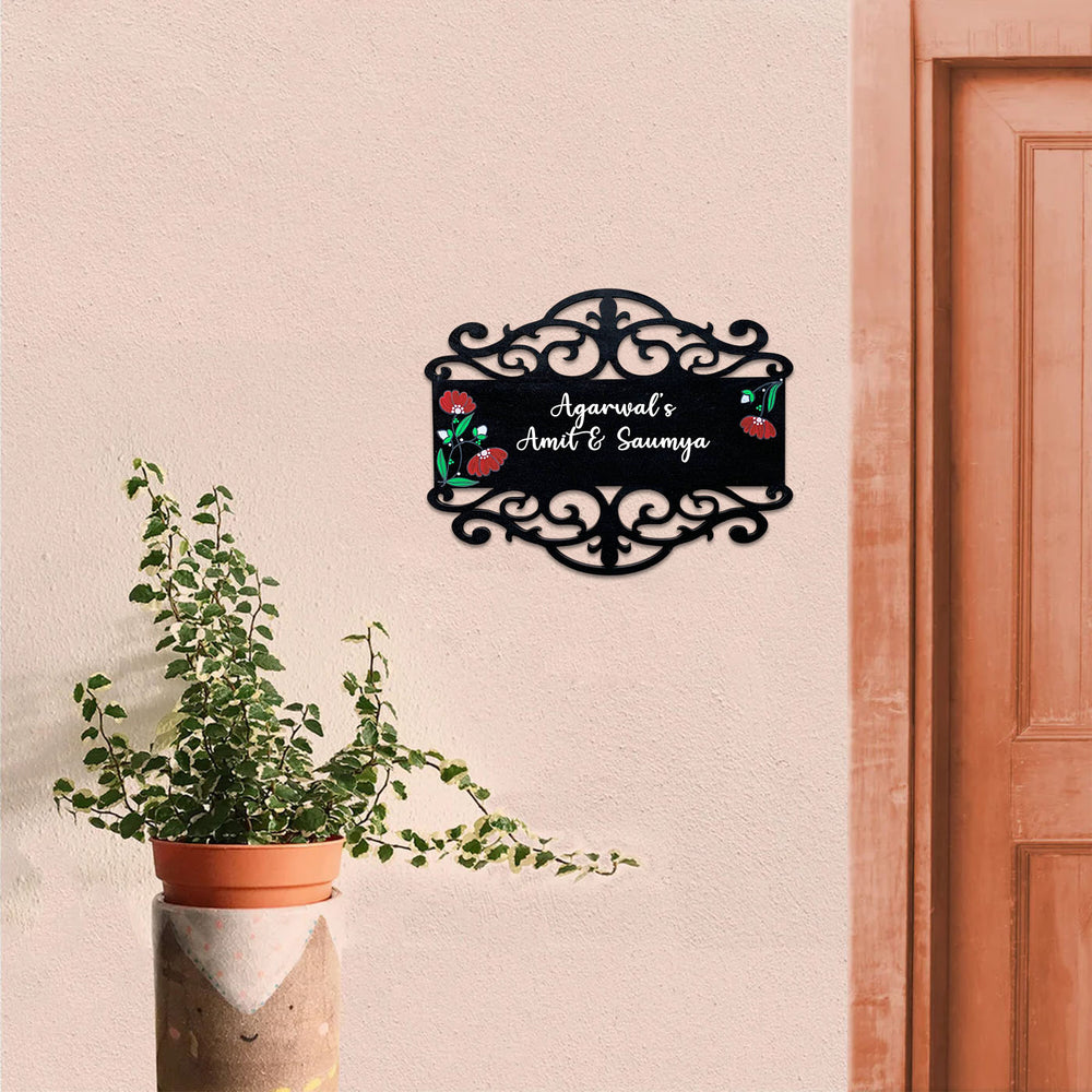 Rectangle Hand Painted Madhubani Art Name Plate 8 - Mounted on Exterior Wall Near Door