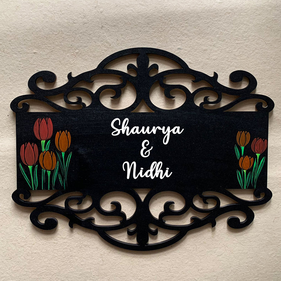 Rectangle Hand Painted Madhubani Art Name Plate 7 - Front View with Name Personalization