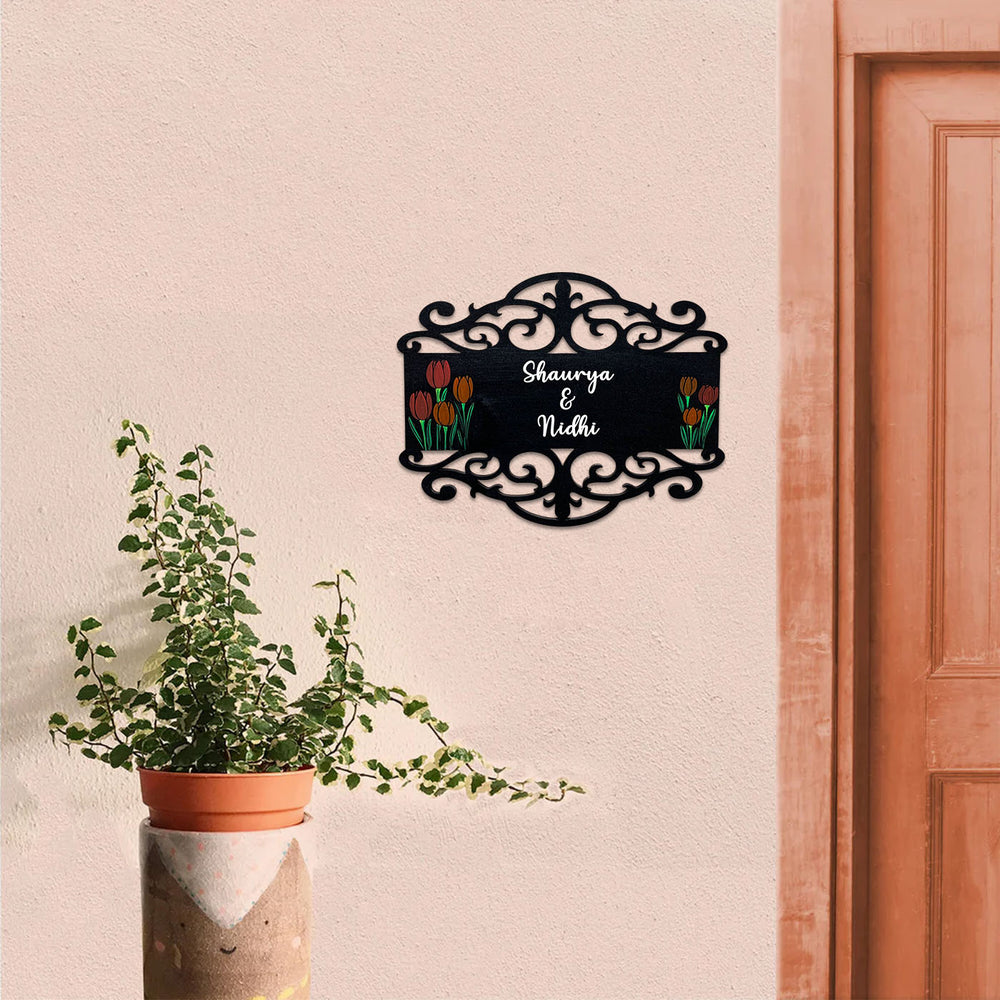 Rectangle Hand Painted Madhubani Art Name Plate 7 - Mounted on Wall Next to Door