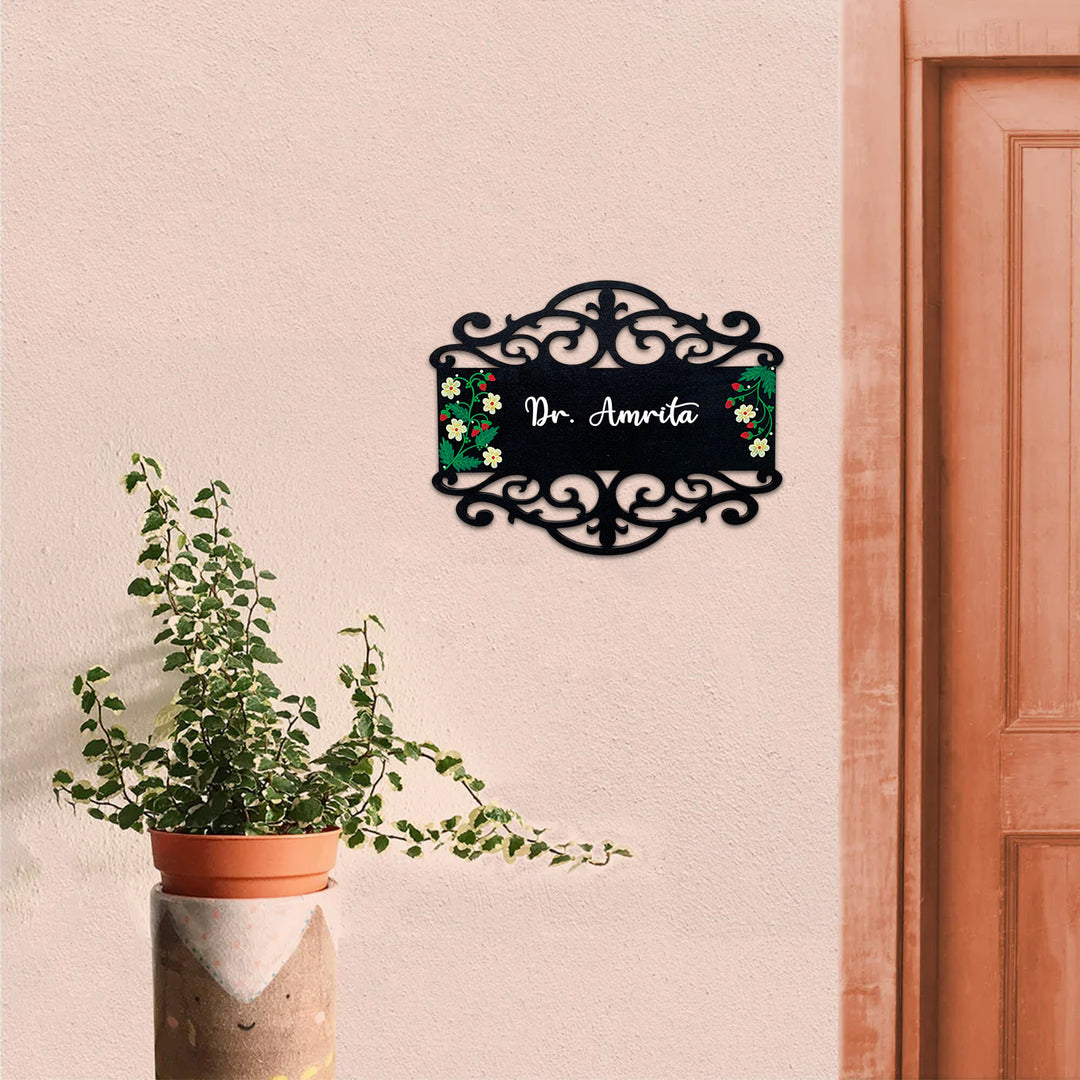 Rectangle Hand Painted Madhubani Art Name Plate 6 - Mounted on Exterior Wall Next Door