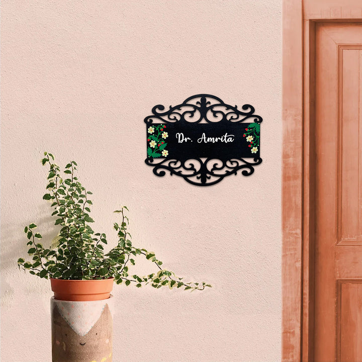 Rectangle Hand Painted Madhubani Art Name Plate 6 - Mounted on Exterior Wall Next Door