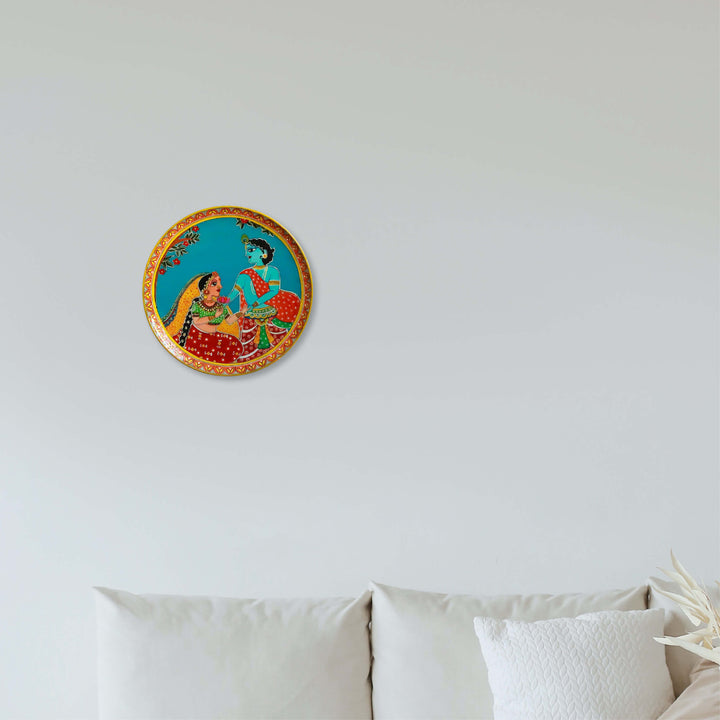 Handpainted Wooden Wall Plate With Radha Krishna Artwork