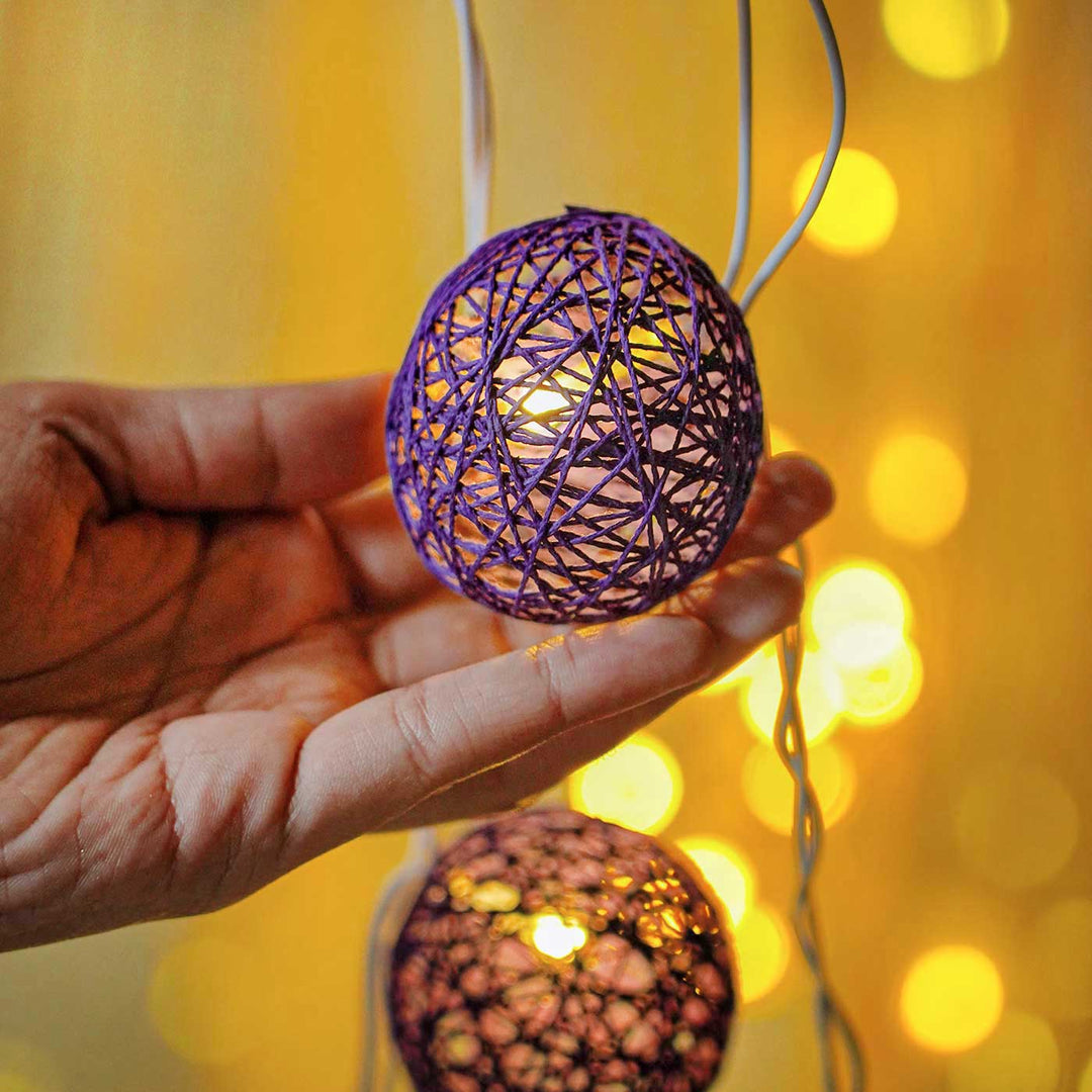 3m, 20 Bulbs | Handcrafted Yarn Spherical LED Fairy Light Hangings - Pink & Purple