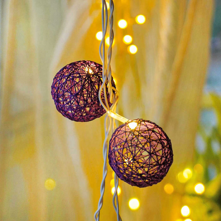 3m, 20 Bulbs | Handcrafted Yarn Spherical LED Fairy Light Hangings - Pink & Purple