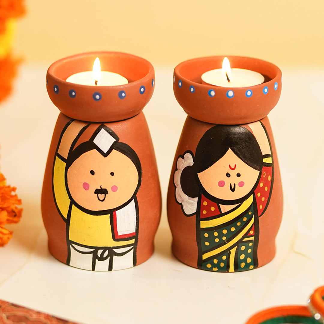 Handpainted Clay Tealight Holders with Marathi Couple | Set of 2
