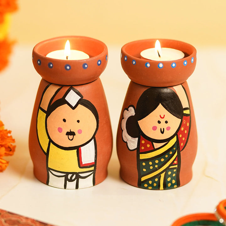 Handpainted Clay Tealight Holders with Marathi Couple | Set of 2