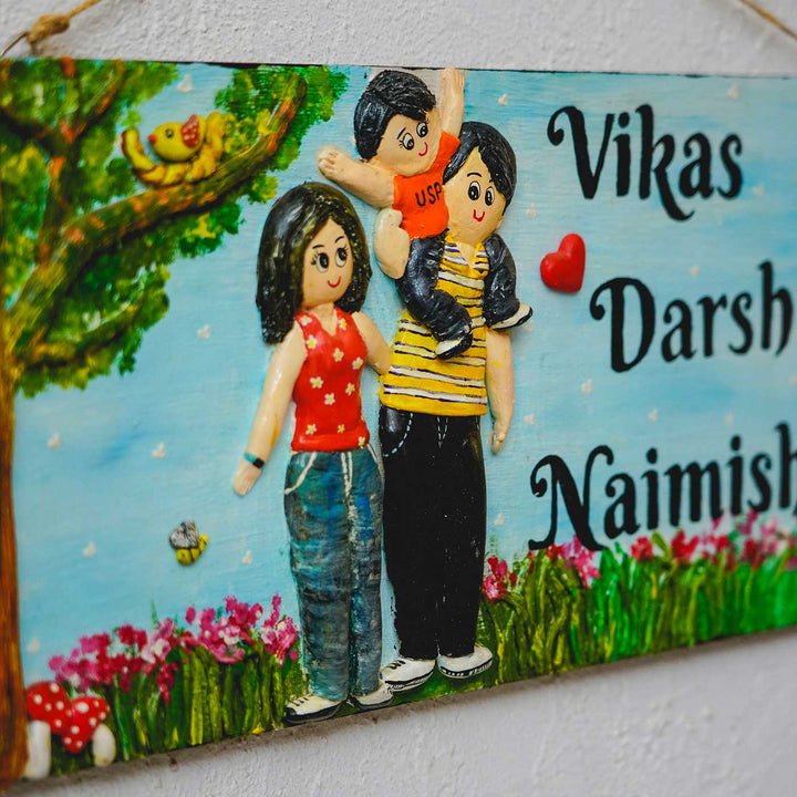 Handcrafted Personalized Mdf Family Name Plate 2 - Close-up Showing 3D Figurines and Text