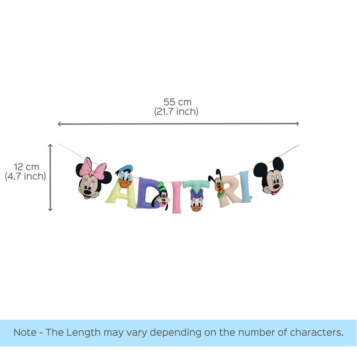 Handcrafted Personalized Mickey Themed Bunting For Kids - Dimension Chart with Character Length