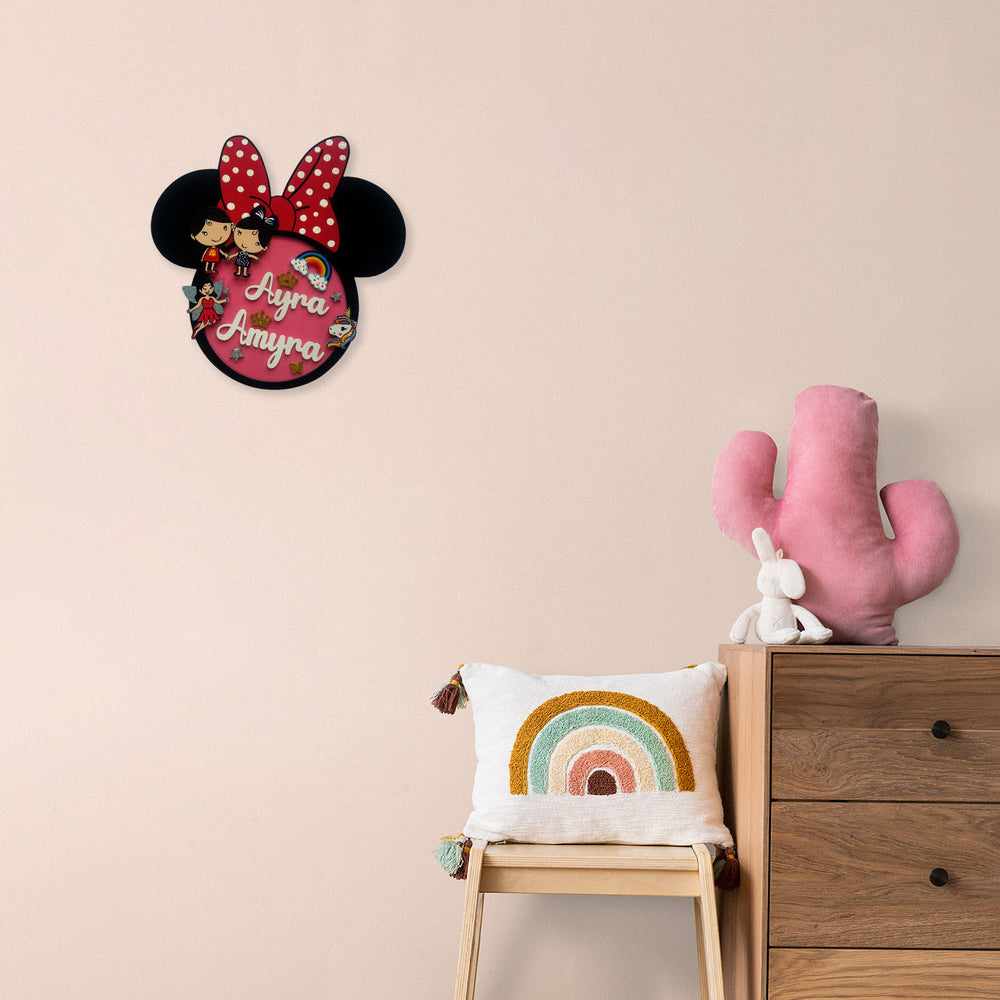 Personalized Minnie Mouse Themed Siblings Mdf Nameplate - Mounted on Wall Above Furniture