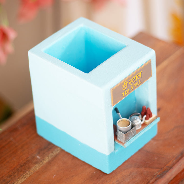 Personalized Handmade Mini Tea Stall Chai Tapri Hand-Painted Concrete Pen Stand