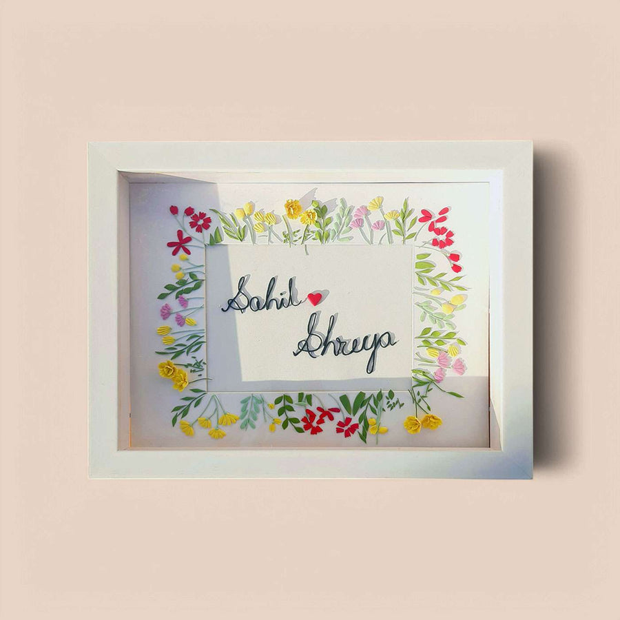 Personalized Miniature Dried Flower Art Mdf Wood Name Plate - Front View with Name Personalization