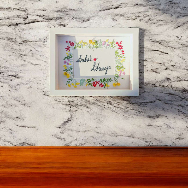 Personalized Miniature Dried Flower Art Mdf Wood Name Plate - Mounted on Wall at Distance