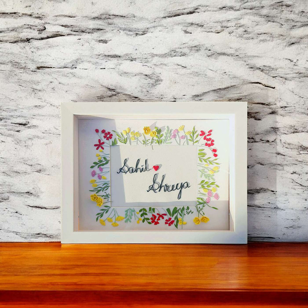 Personalized Miniature Dried Flower Art Mdf Wood Name Plate - Front View on Surface Display