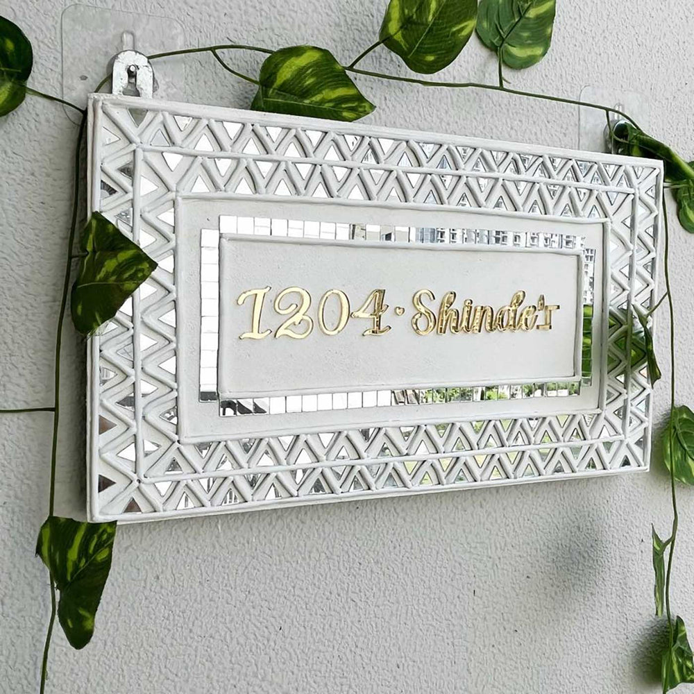 Alhambra Handcrafted Lippan Art Nameplate - Side View Hanging with Plant Decor