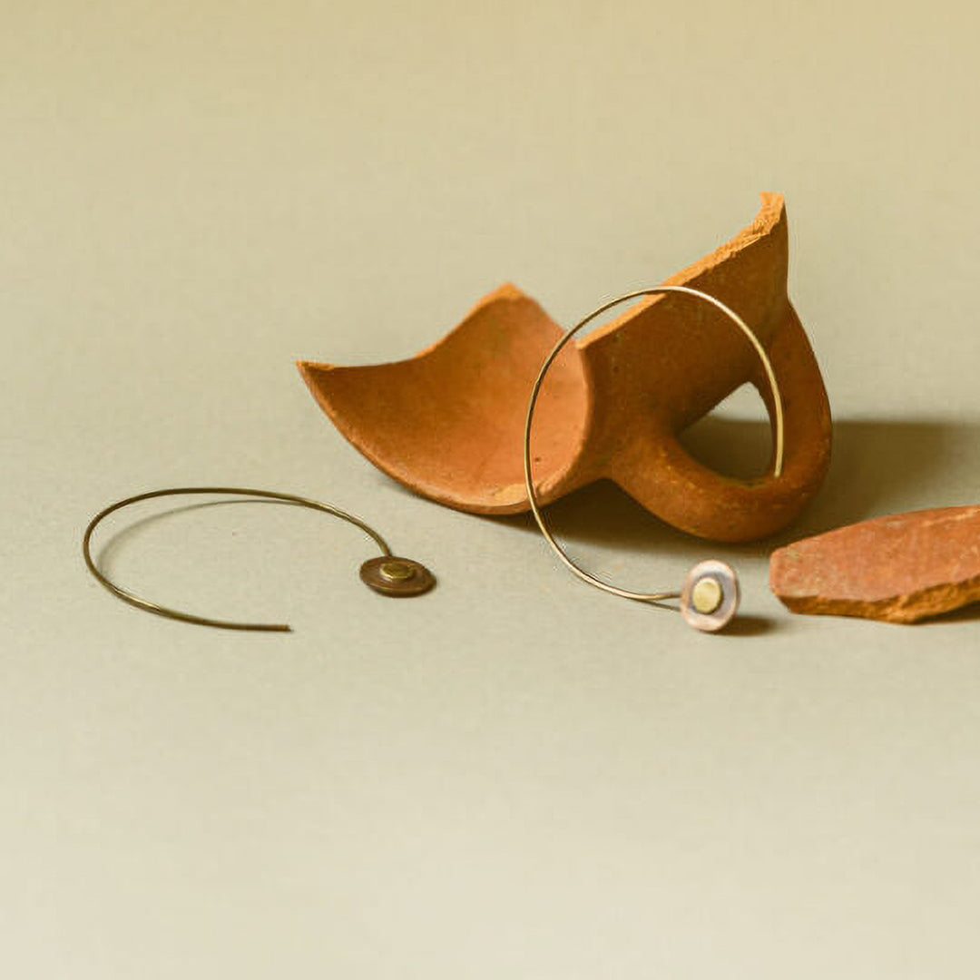 Handmade Mixed Metal Button Hoops Brass Earrings