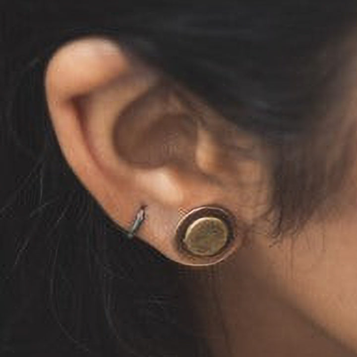 Handmade Mixed Metal Button Stud Copper Earrings