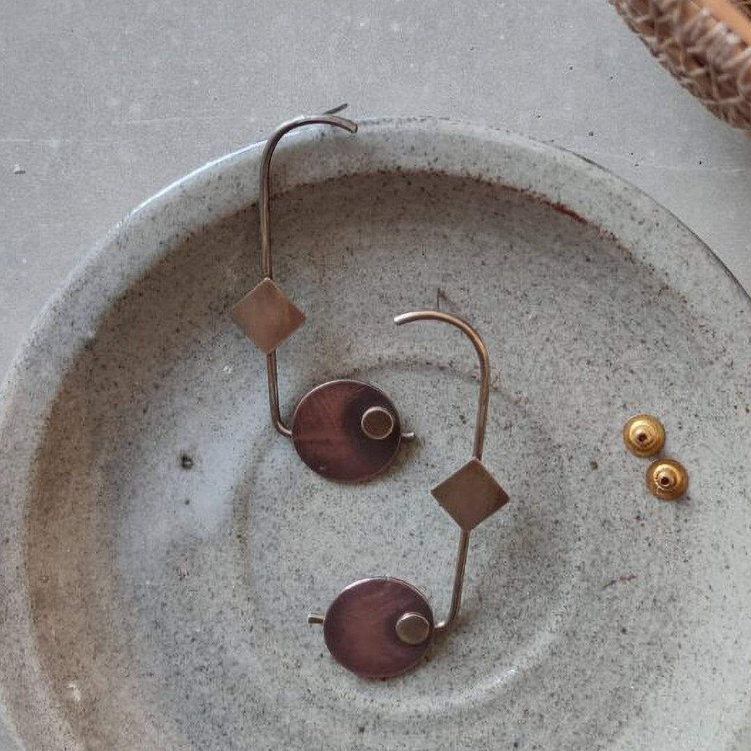 Contemporary Handmade Mixed Metal Square With Button Studs Earrings