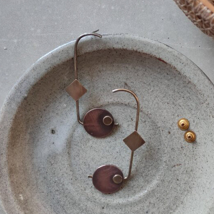 Contemporary Handmade Mixed Metal Square With Button Studs Earrings