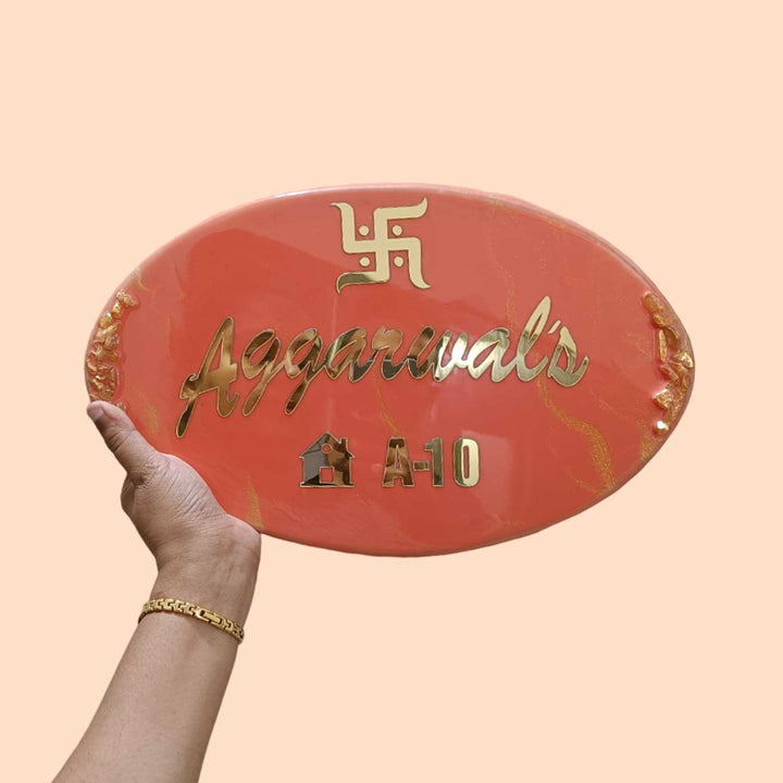 Personalized Handmade Resin Swastik Theme Nameplate