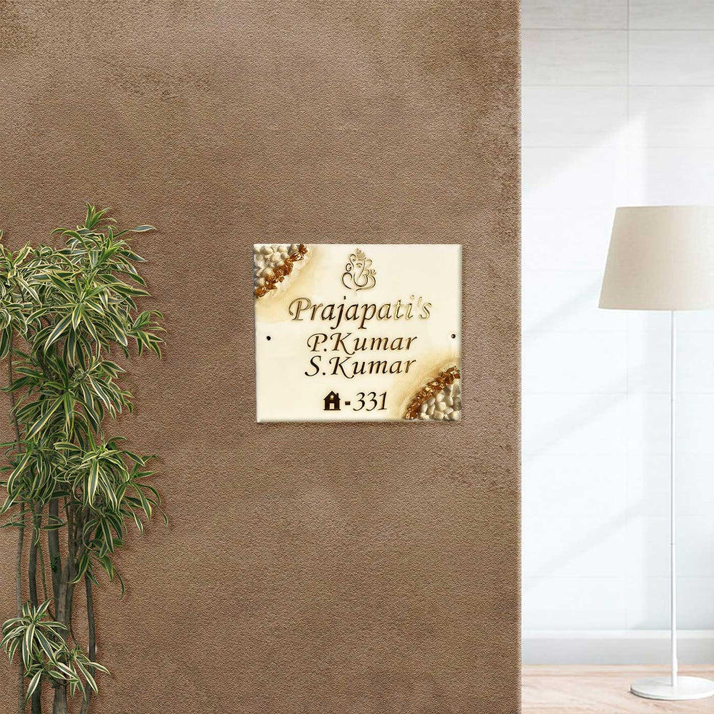 Handcrafted Resin Ganeshji Pebbles Nameplate - Mounted on Wall Displayed with Surroundings