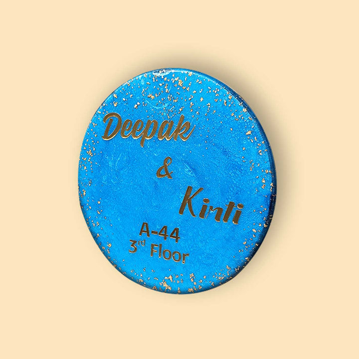 Handcrafted Resin Ocean Blue Gold Flakes Nameplate - Front View on Neutral Background