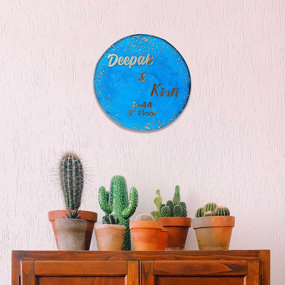 Handcrafted Resin Ocean Blue Gold Flakes Nameplate - Mounted on Entryway Wall