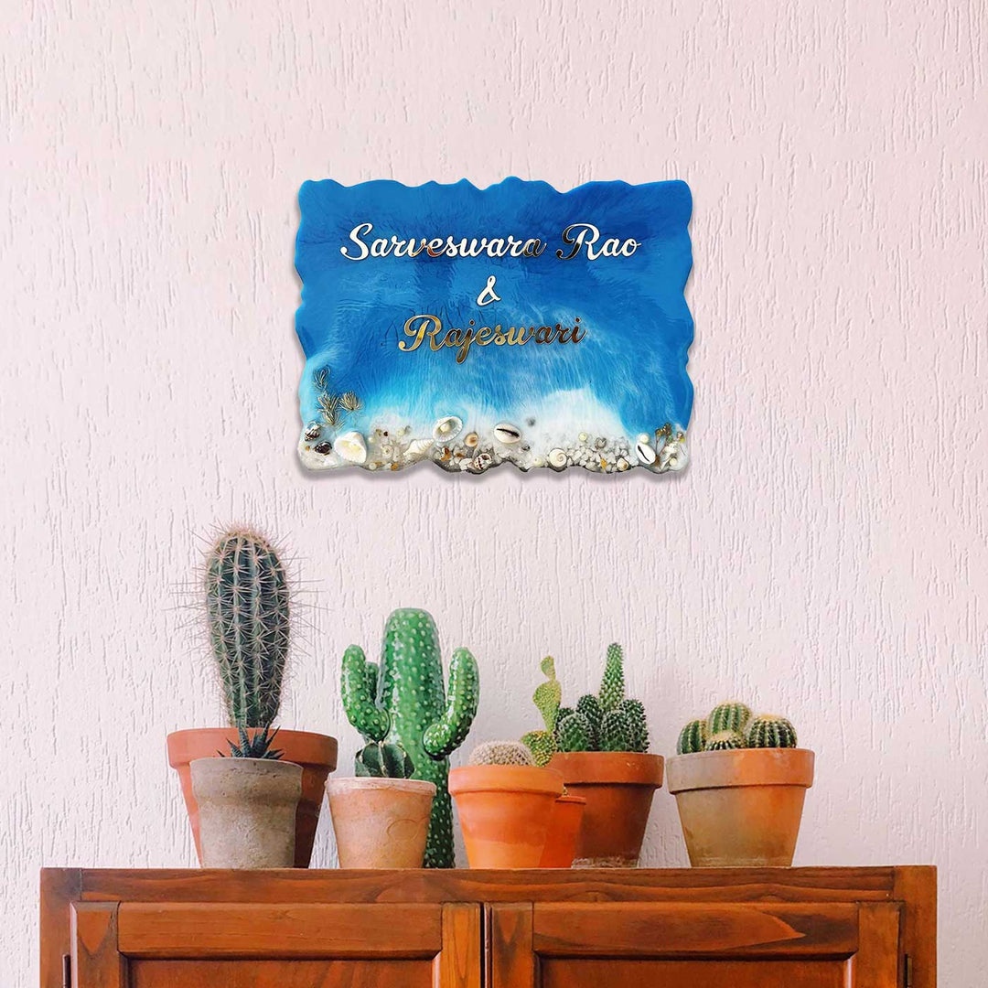 Handcrafted Resin Ocean Theme Nameplate - Mounted on Wall Above Plants