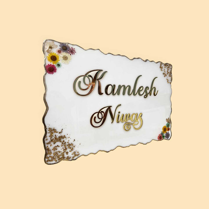 Handcrafted Resin Pressed Flower Nameplate - Angled Front View Showing Personalization