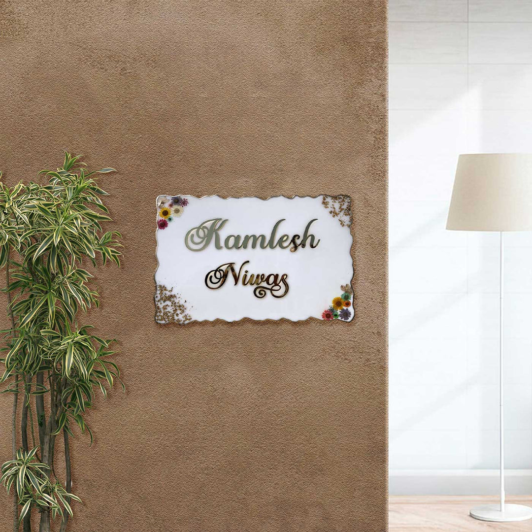 Handcrafted Resin Pressed Flower Nameplate - Mounted on Wall with Surroundings