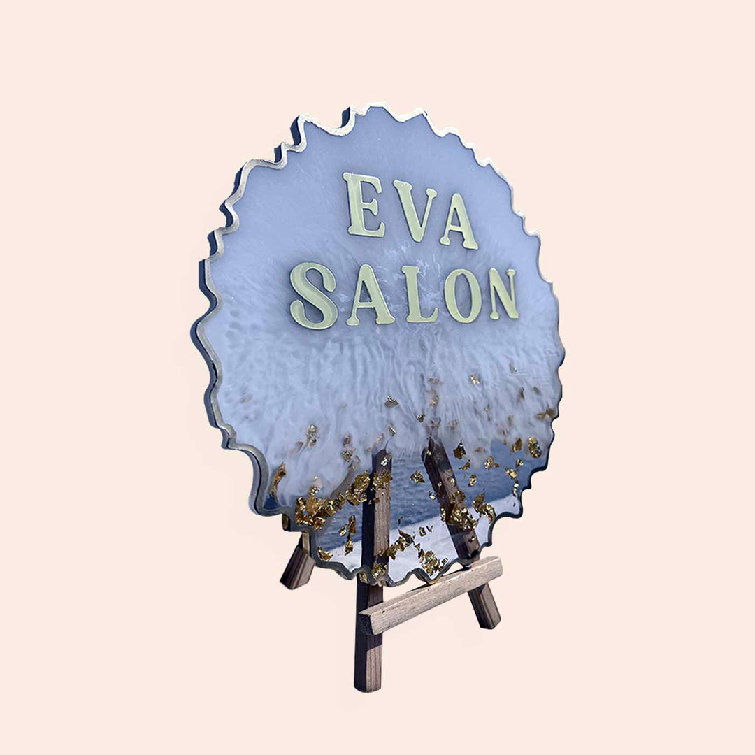 Handcrafted Resin Gold Flakes Corporate Nameplate - Side View on Wooden Easel