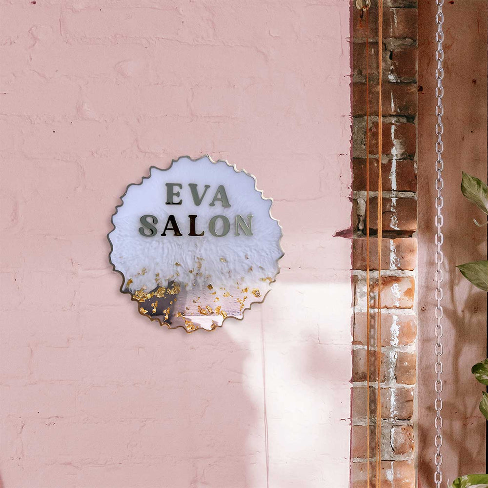 Handcrafted Resin Gold Flakes Corporate Nameplate - Mounted on Pink Wall Interior