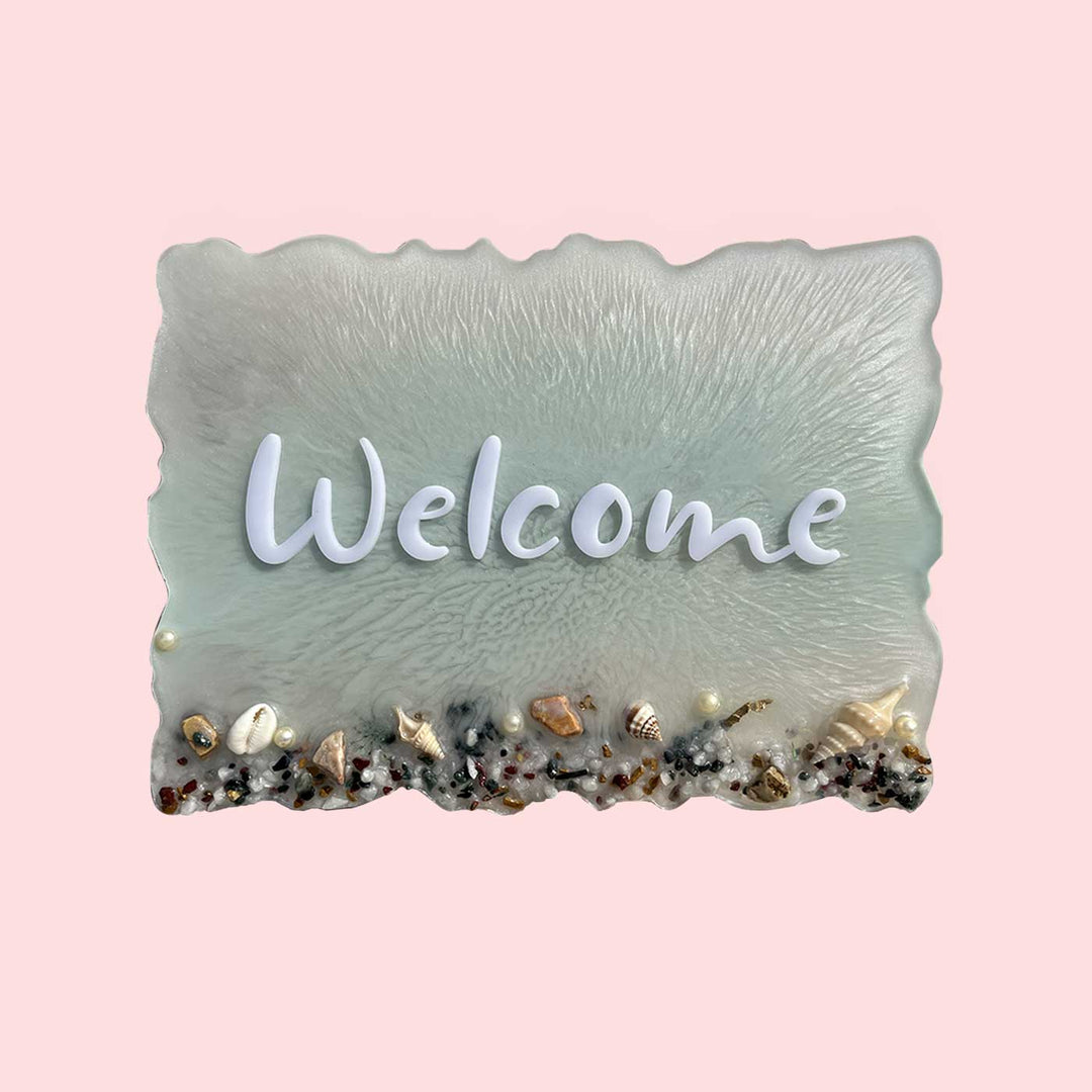 Handcrafted Resin Ocean Theme Nameplate 2 - Front View on Pink Background