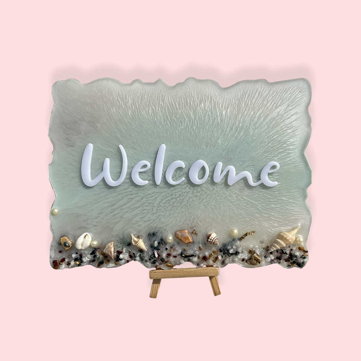 Handcrafted Resin Ocean Theme Nameplate 2 - Front View on Stand Display