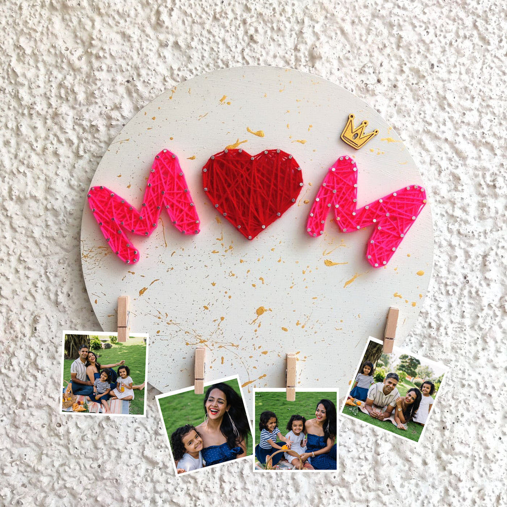 Photo Personalized Mom String Art Name Plate - Mounted on Textured Wall with Photos
