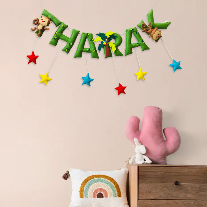 Handcrafted Personalized Monkey Themed Bunting For Kids - Hanging Name Banner with Toys