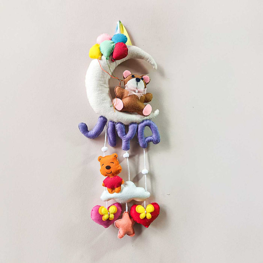 Personalized Moon And Teddy Theme Felt Kids Name Plate - Hanging Wall Decoration Front View