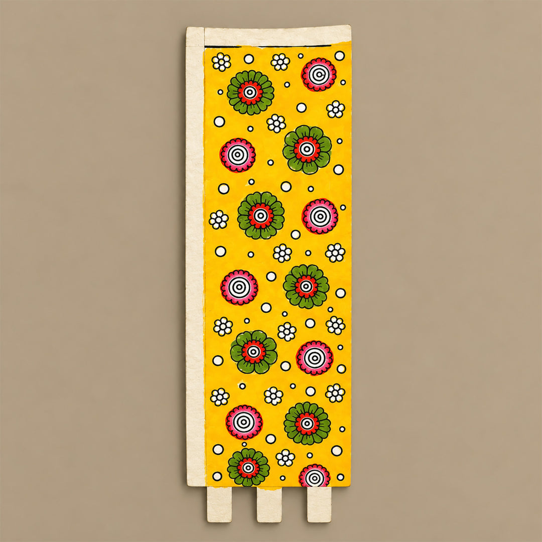 Hand-Painted Tholu Yellow Floral Parchment Leather Votive Tealight Holder With Channapatna Base