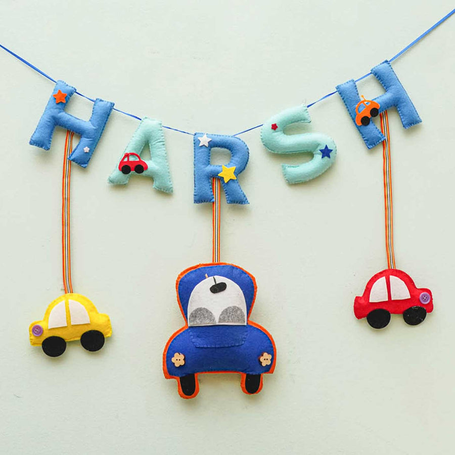 Personalized Handmade Cars Theme Felt Name Plate - Hanging with Name and Car Decorations